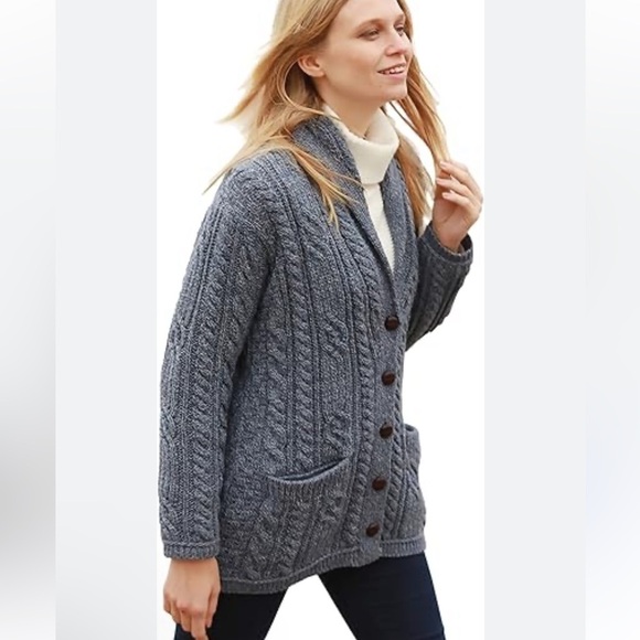 Grey Wool Cashmere Fishermans Knit Cardigan New Size Large AE77 Premium - Picture 1 of 9